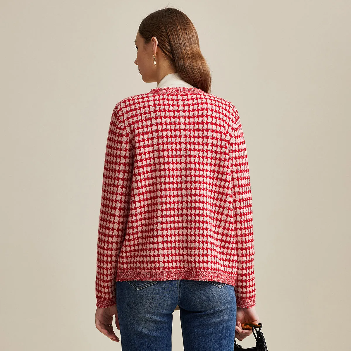 100% Wool Elegant Houndstooth Cardigan