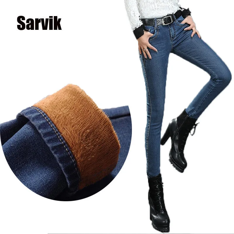 2016 Winter Warm thick velvet skinny jeans Pants for woman Plus size 34 33 Blue demin trousers Skinny ladies pant Femme Pantalon