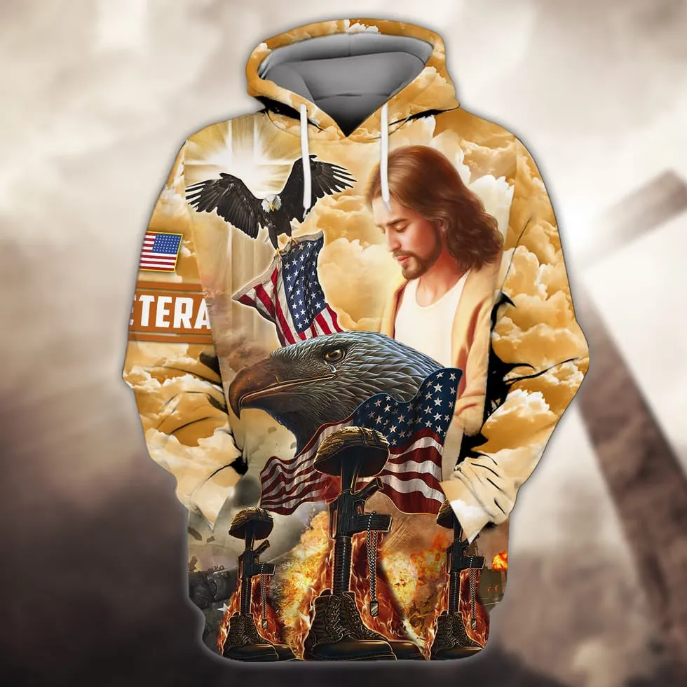 3D Print Veteran Honor Shirt, Jesus American Eagle Veteran Hoodie, Gift For A Veteran