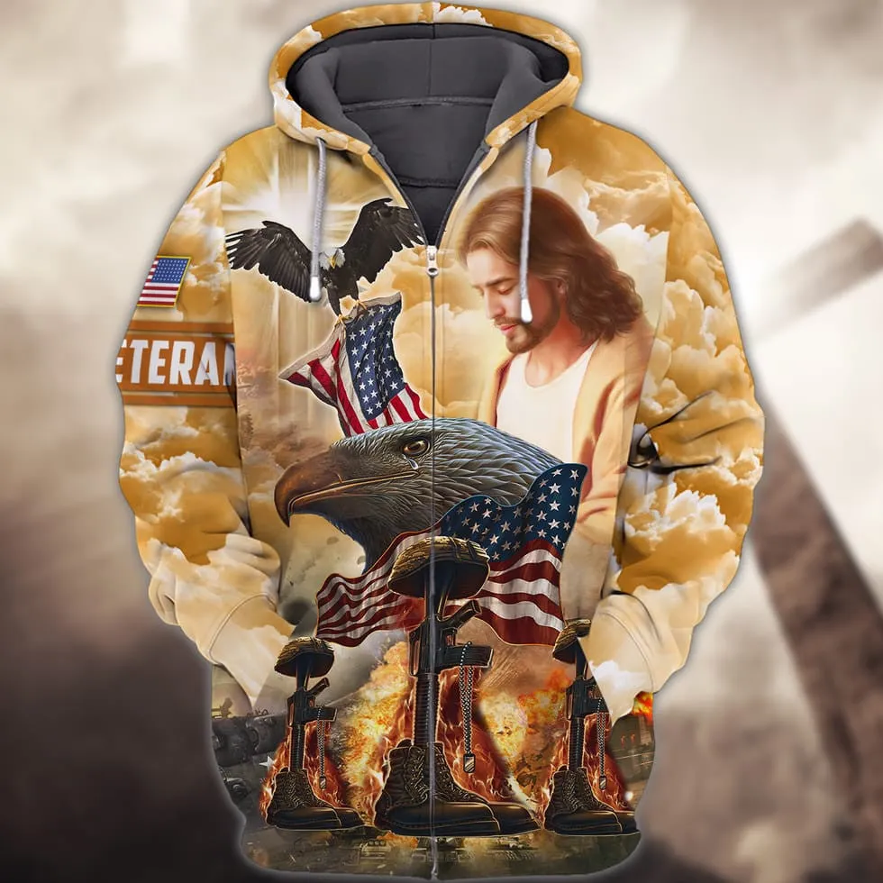 3D Print Veteran Honor Shirt, Jesus American Eagle Veteran Hoodie, Gift For A Veteran