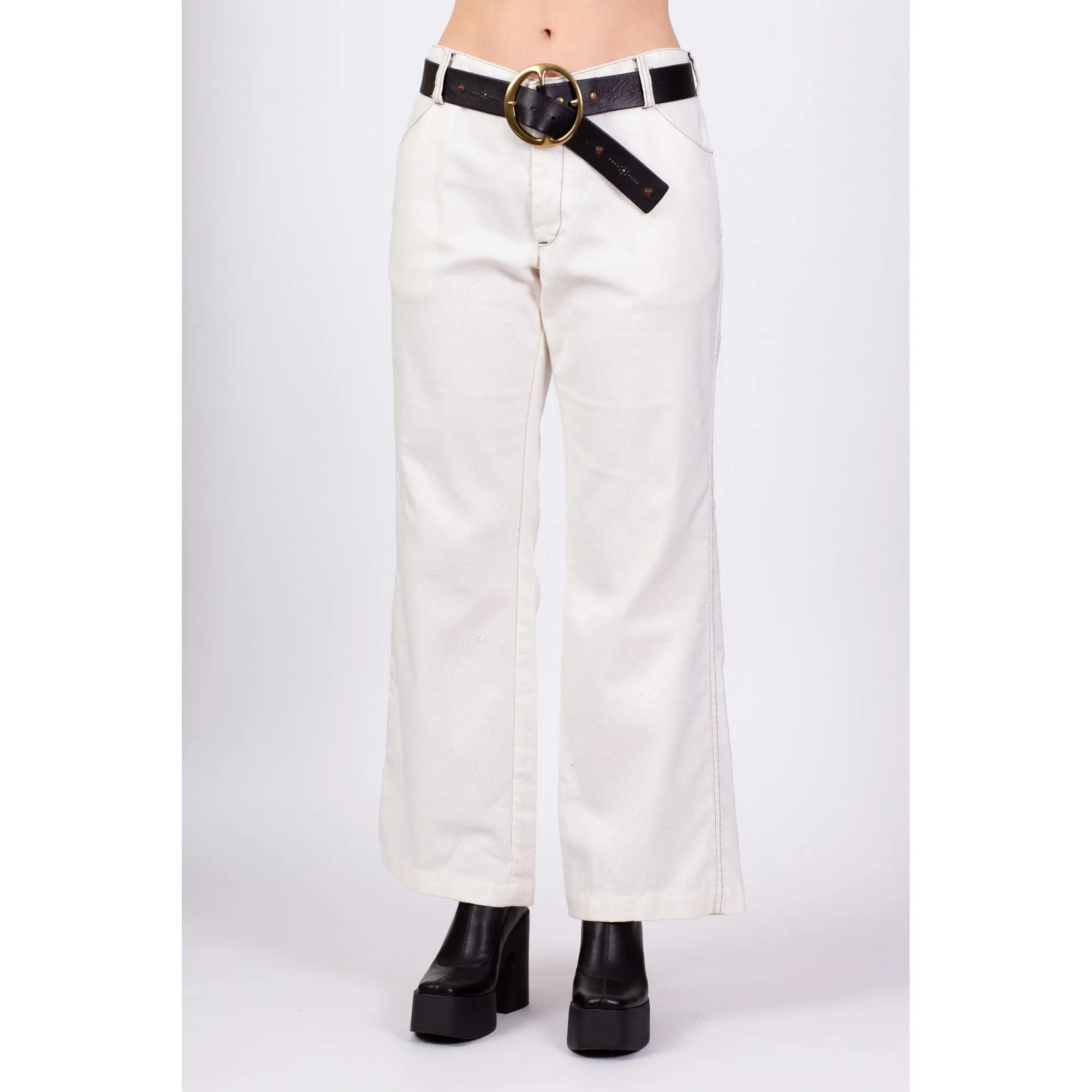 70s White Contrast Stitch Trousers - Men's Medium, Women's Large, 34"