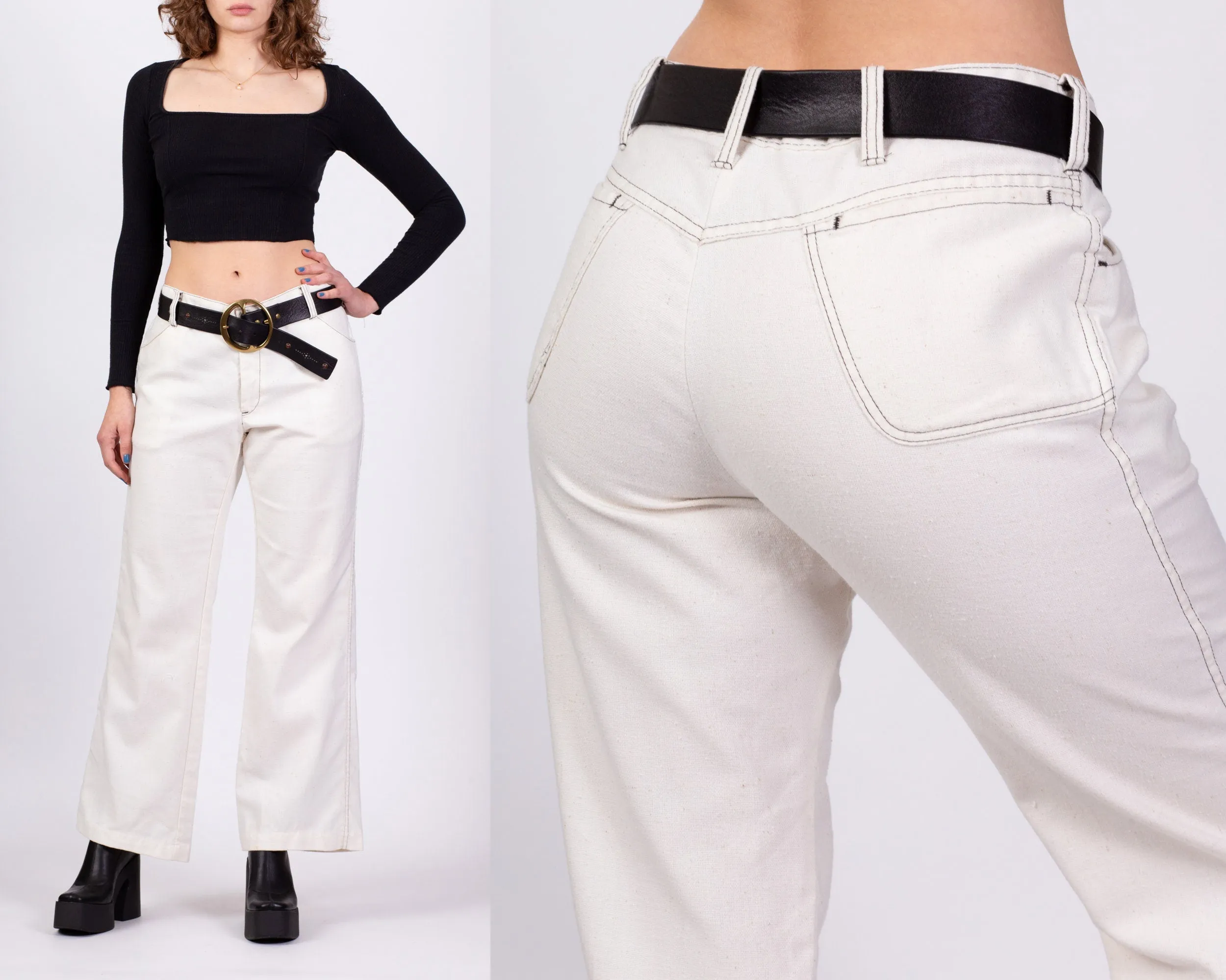 70s White Contrast Stitch Trousers - Men's Medium, Women's Large, 34"