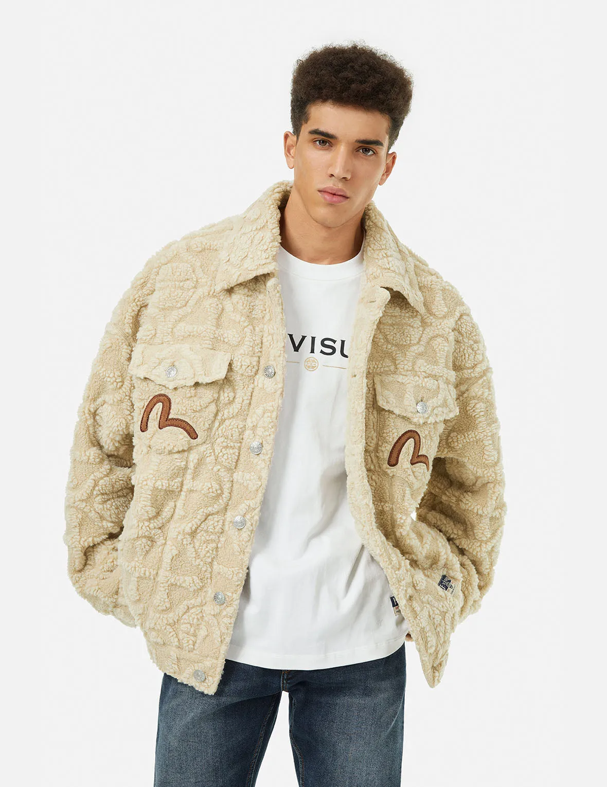 Allover Kamon Jacquard Loose Fit Sherpa Jacket