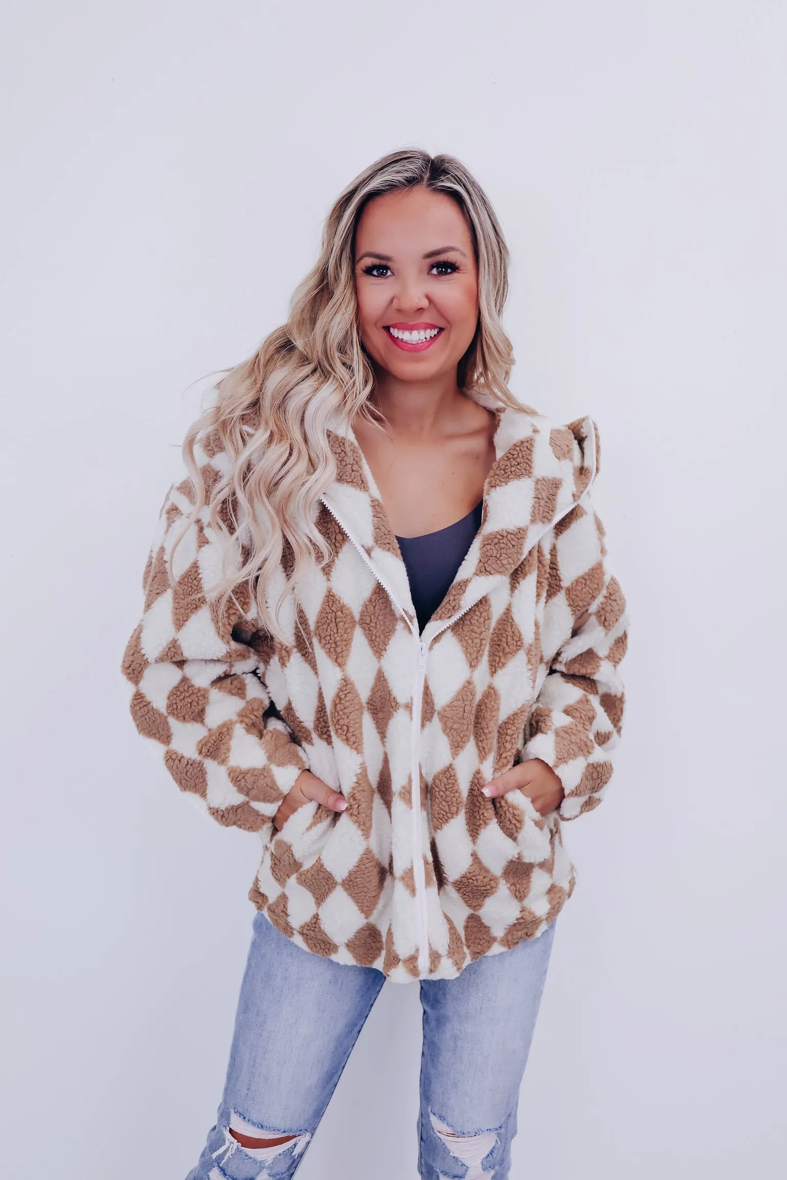 Amari Argyle Print Sherpa Jacket - Mocha