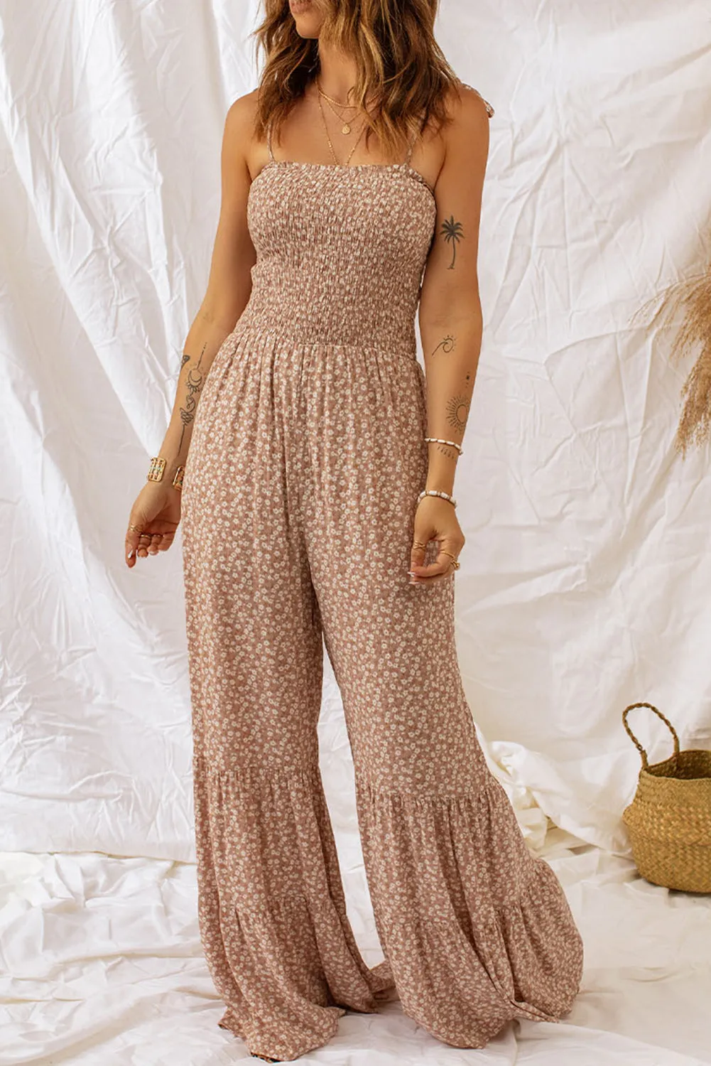 *APP EXCLUSIVE* Floral Spaghetti Strap Smocked Wide Leg Jumpsuit