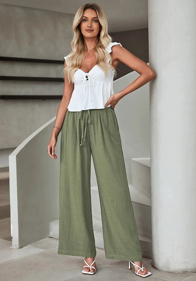 Army Green Relaxed Fit High Waisted Elastic Waist Wide Leg Drawstring Pocket Pant