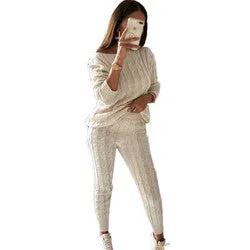 Autumn Winter Women Knitted Tracksuit Two Piece Set Women Sweater Tops Elastic Waist Pant Knitted Suit Women Two Piece Outfits