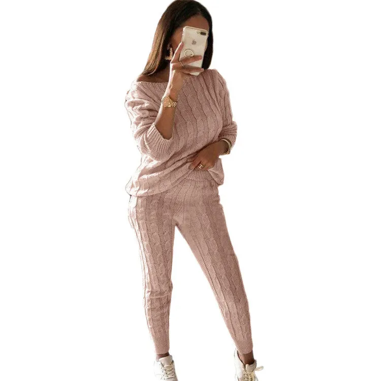 Autumn Winter Women Knitted Tracksuit Two Piece Set Women Sweater Tops Elastic Waist Pant Knitted Suit Women Two Piece Outfits