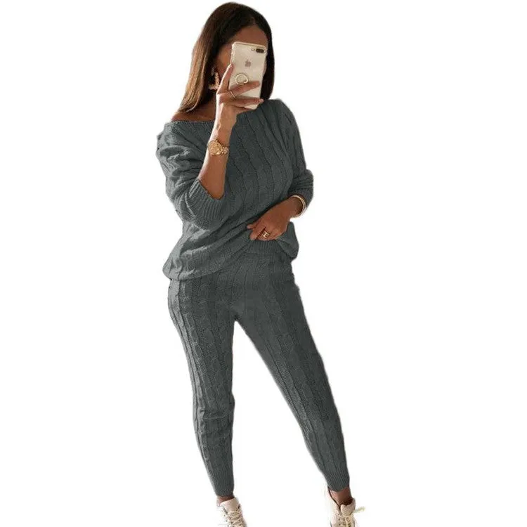 Autumn Winter Women Knitted Tracksuit Two Piece Set Women Sweater Tops Elastic Waist Pant Knitted Suit Women Two Piece Outfits