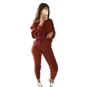 Autumn Winter Women Knitted Tracksuit Two Piece Set Women Sweater Tops Elastic Waist Pant Knitted Suit Women Two Piece Outfits