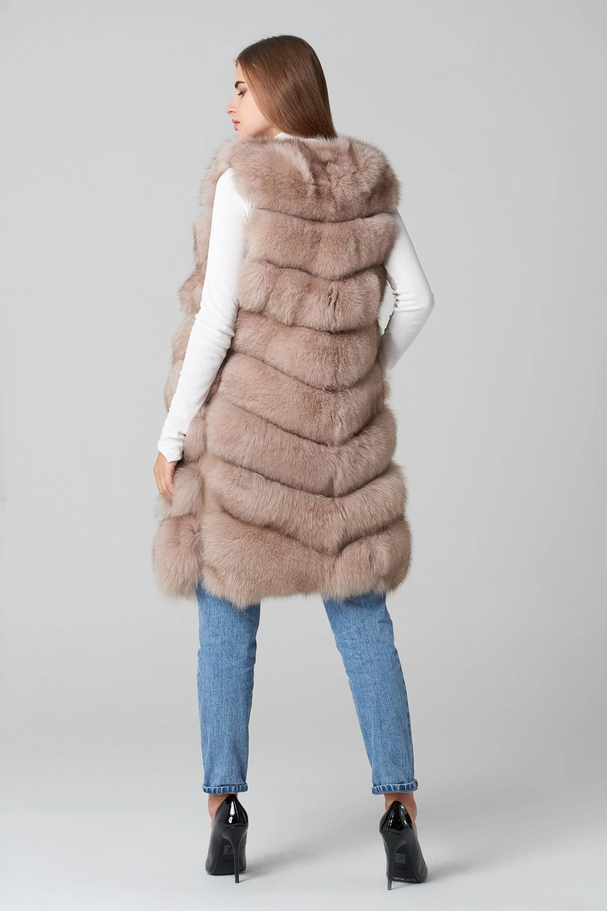 Beige Square Knee Length Fox Fur Coat