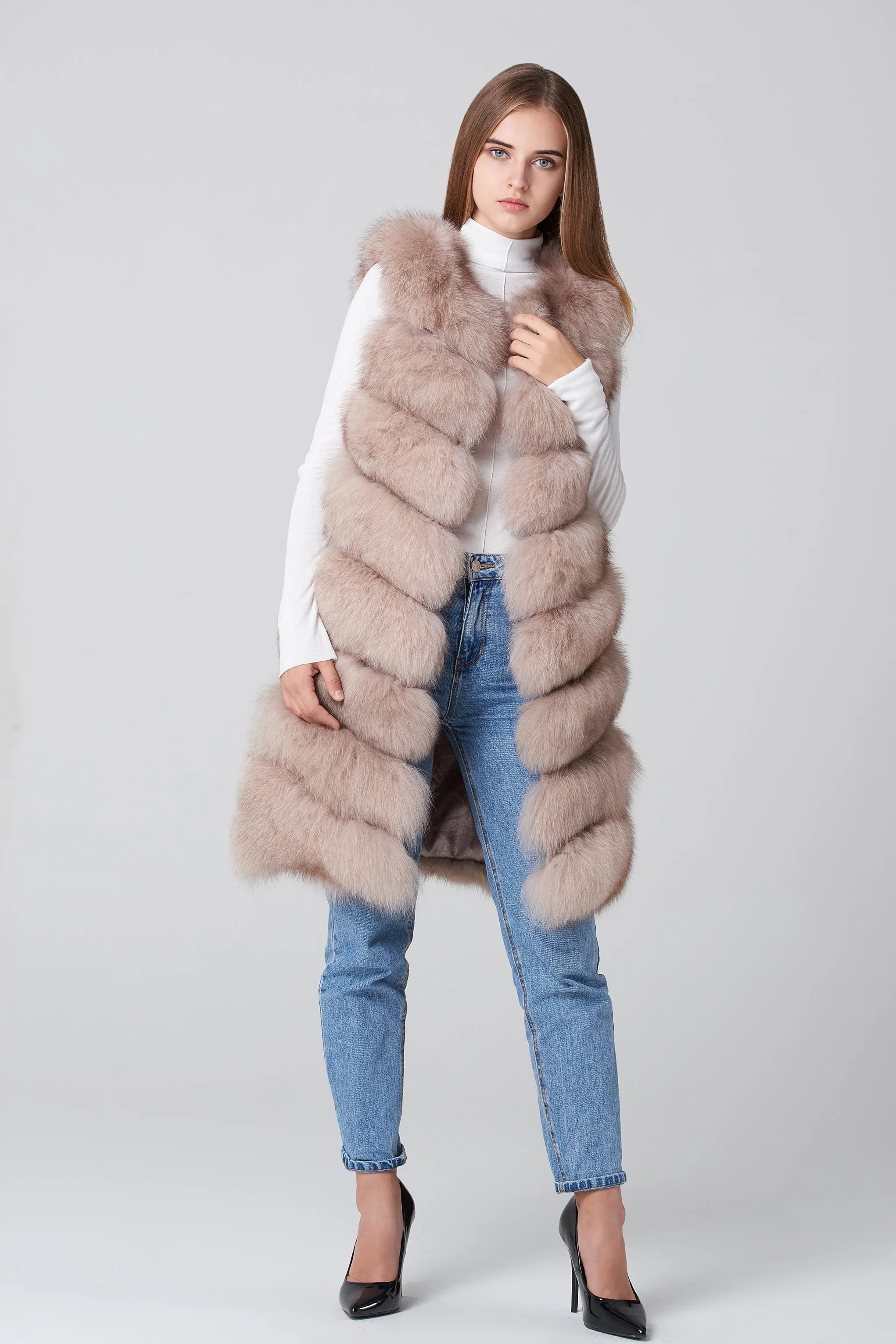 Beige Square Knee Length Fox Fur Coat