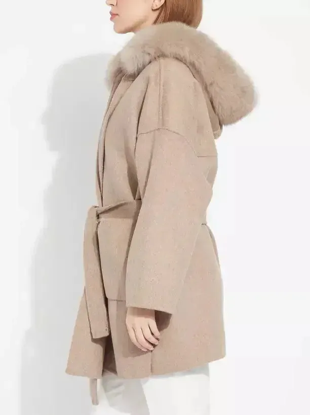 Belted Short Wool Cashmere Coat with Fur-Trim Hood in Taupe