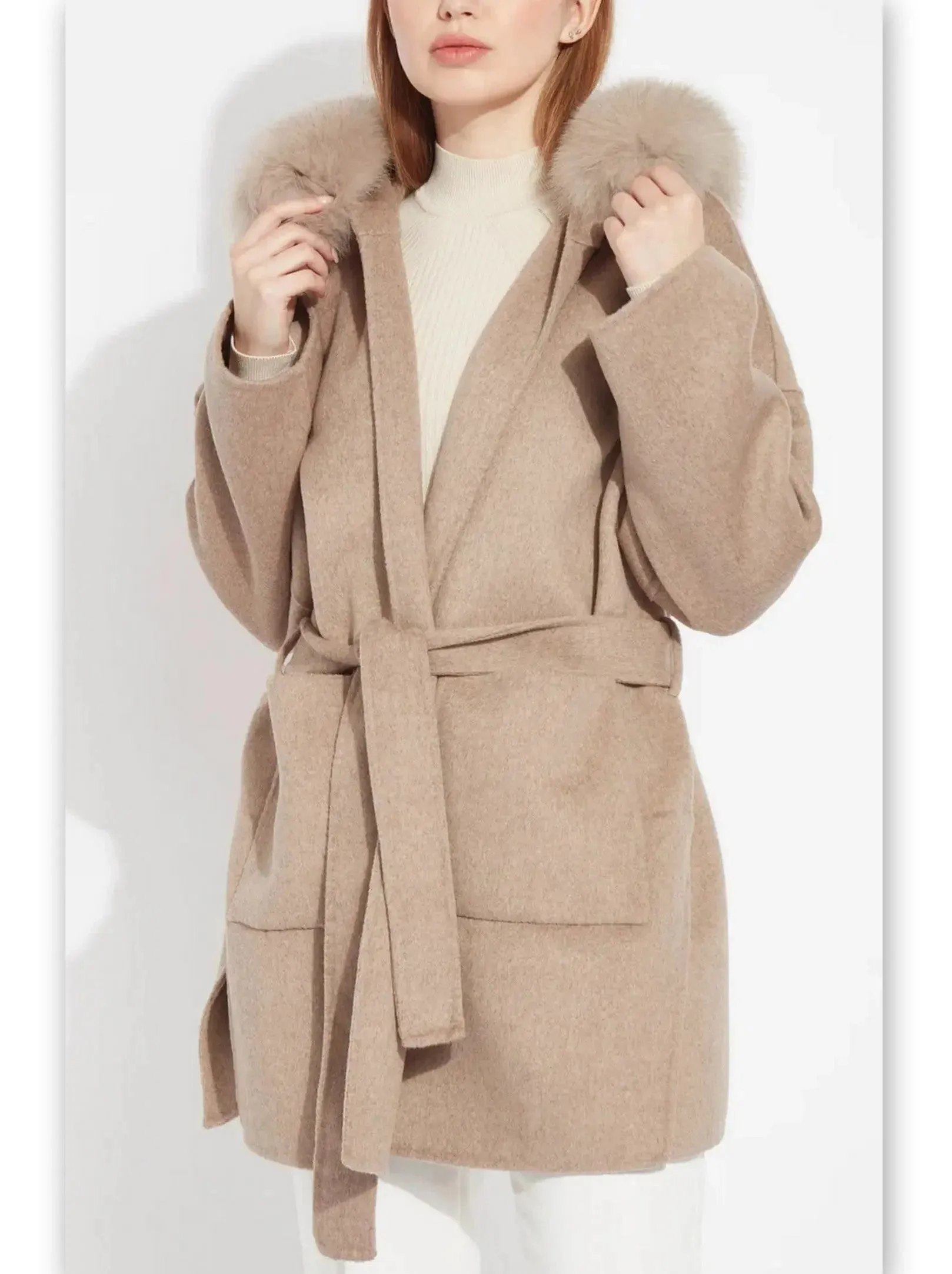 Belted Short Wool Cashmere Coat with Fur-Trim Hood in Taupe