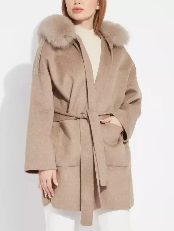 Belted Short Wool Cashmere Coat with Fur-Trim Hood in Taupe