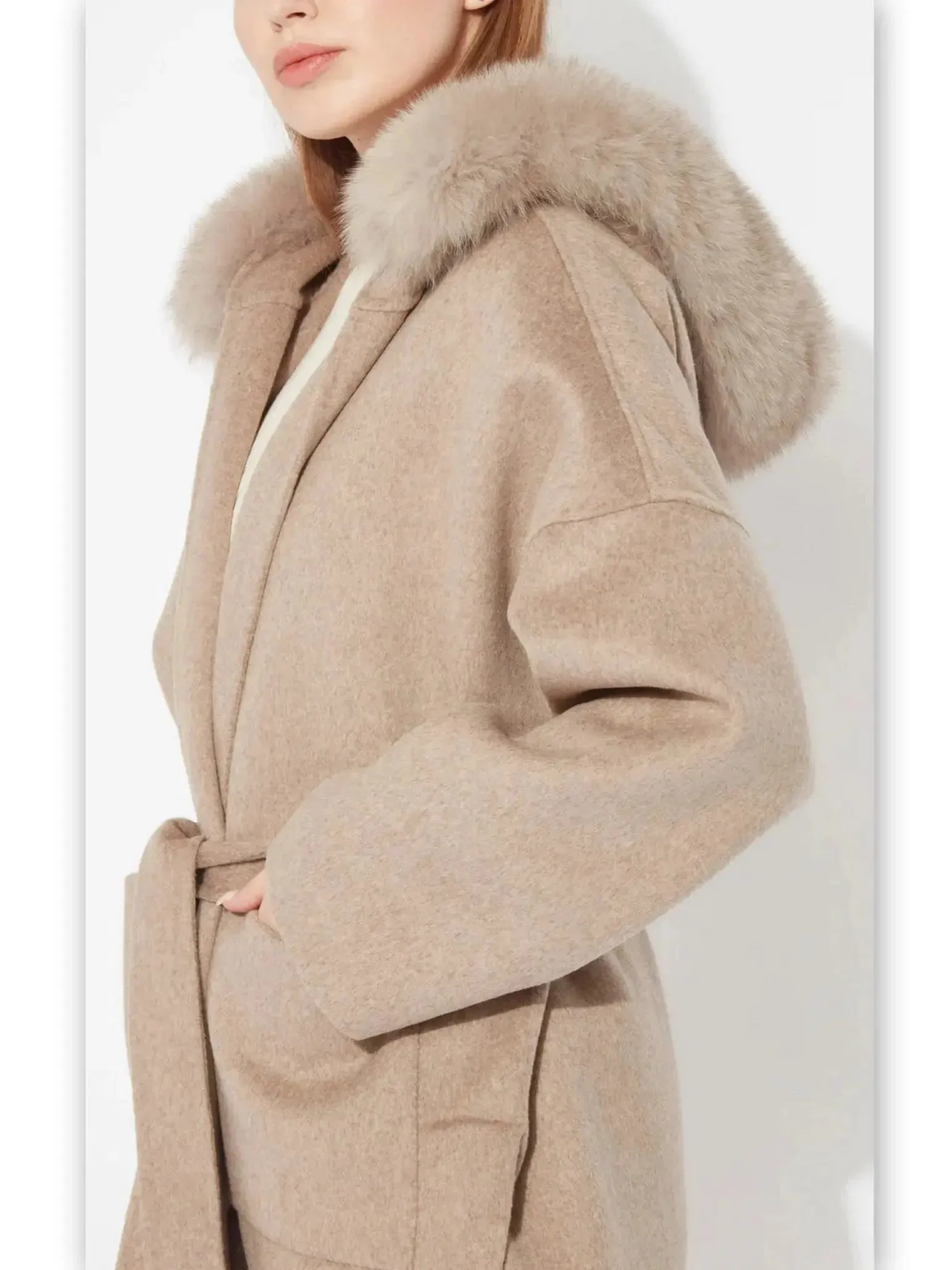 Belted Short Wool Cashmere Coat with Fur-Trim Hood in Taupe