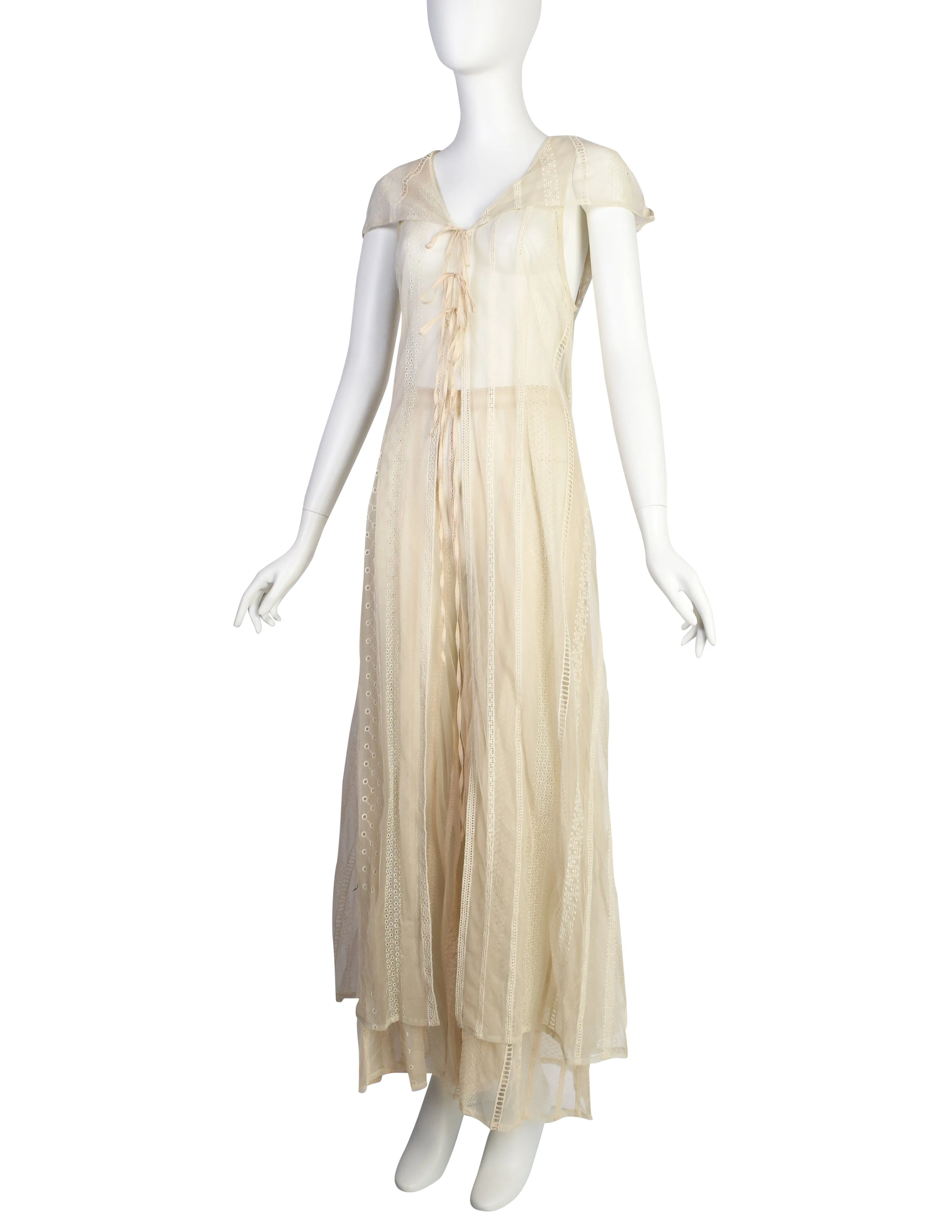 Berit Steffin Vintage 1990s Cream Embroidered Mesh Hooded Vest and Palazzo Pant Ensemble