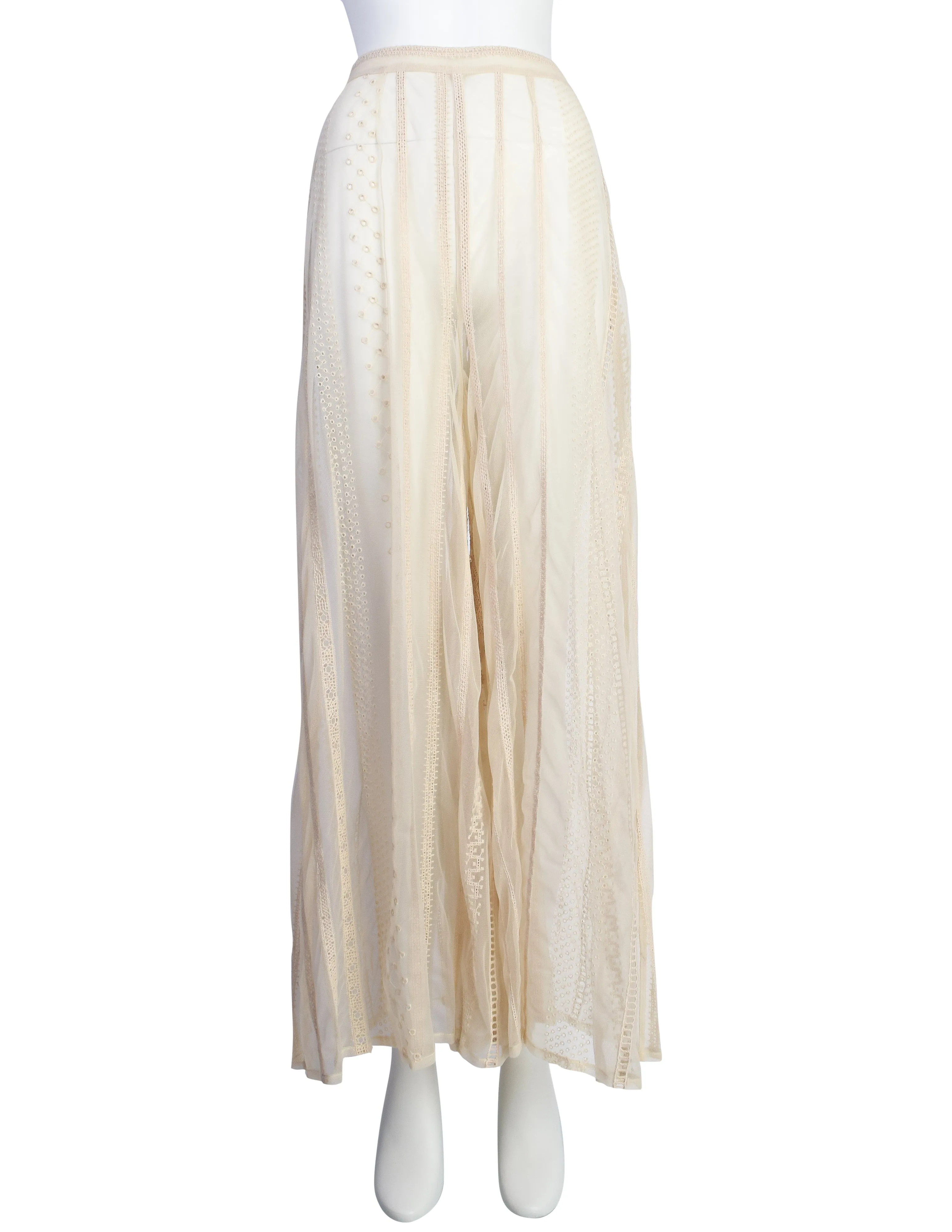 Berit Steffin Vintage 1990s Cream Embroidered Mesh Hooded Vest and Palazzo Pant Ensemble