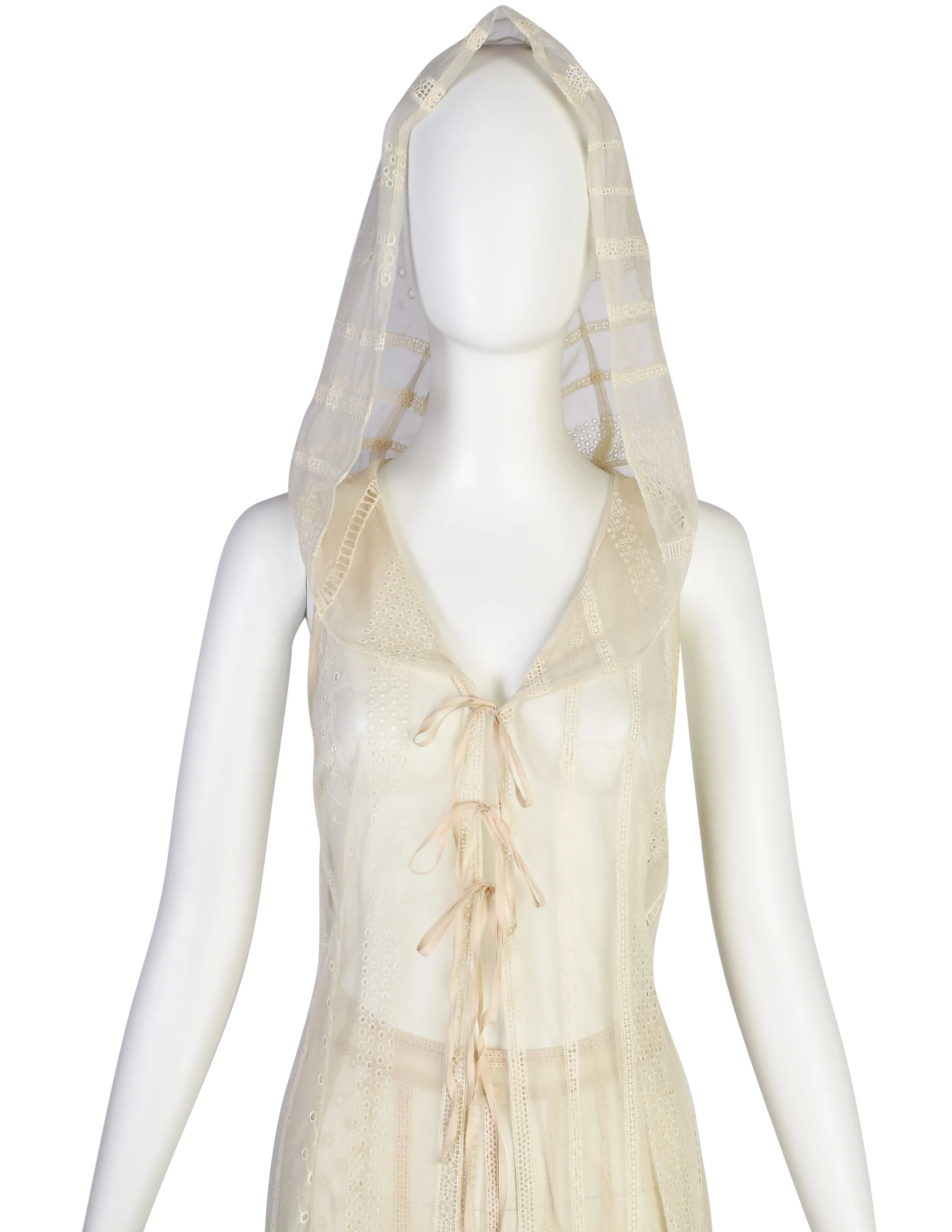 Berit Steffin Vintage 1990s Cream Embroidered Mesh Hooded Vest and Palazzo Pant Ensemble