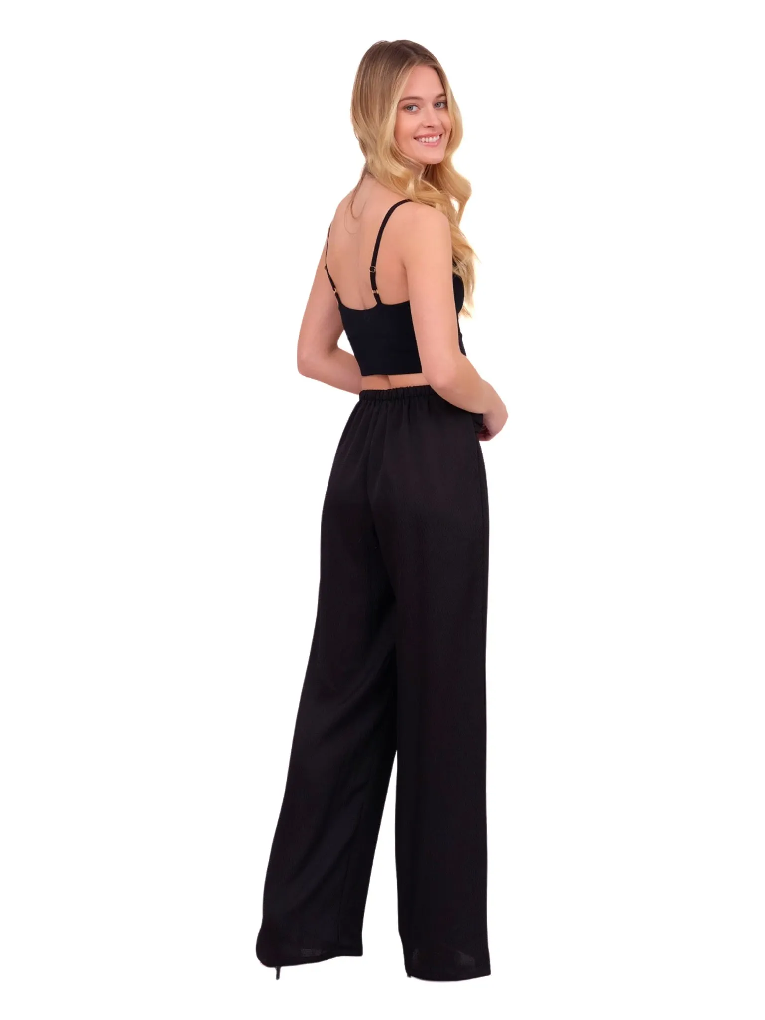 Black Hammered Satin Wide Leg Pants