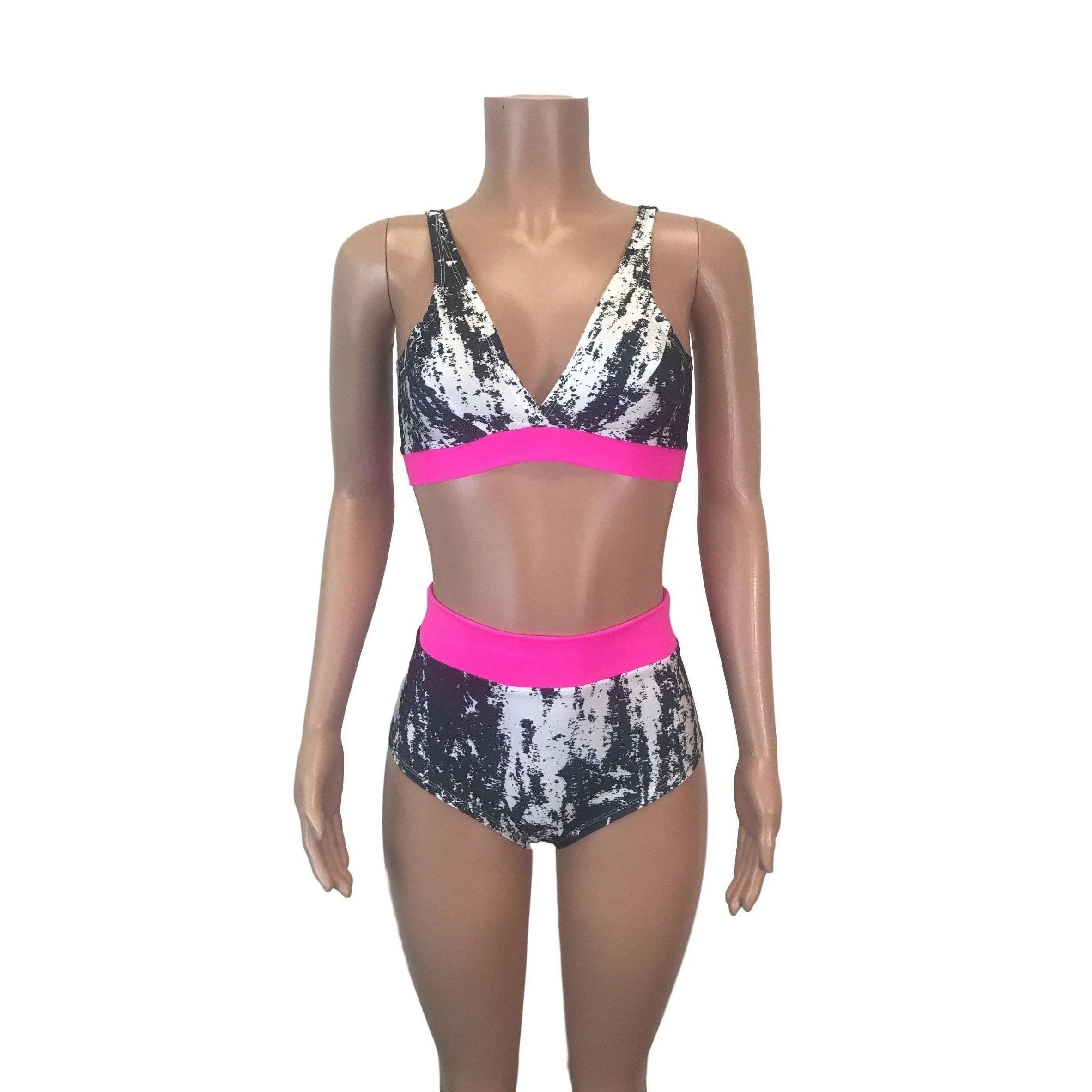 Black, White & Neon Pink High Waist Bikini Outfit