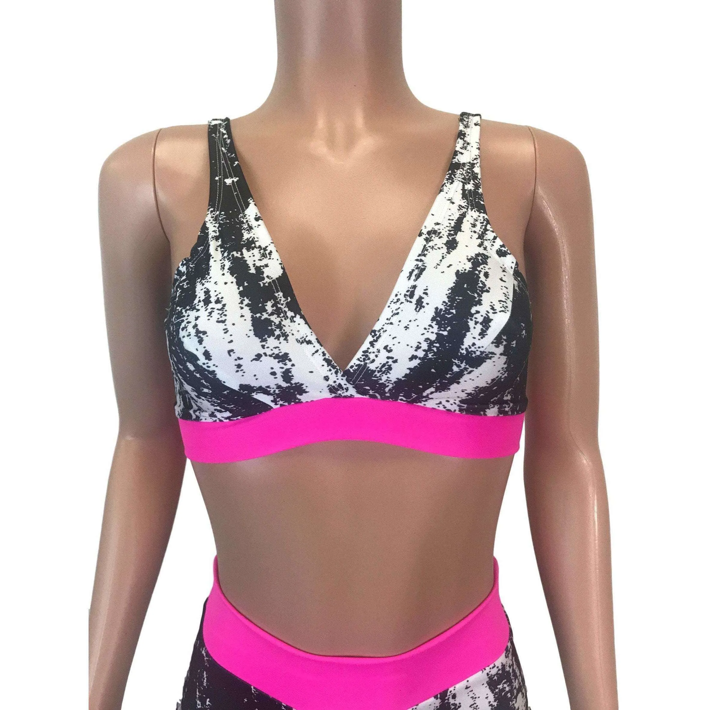 Black, White & Neon Pink High Waist Bikini Outfit