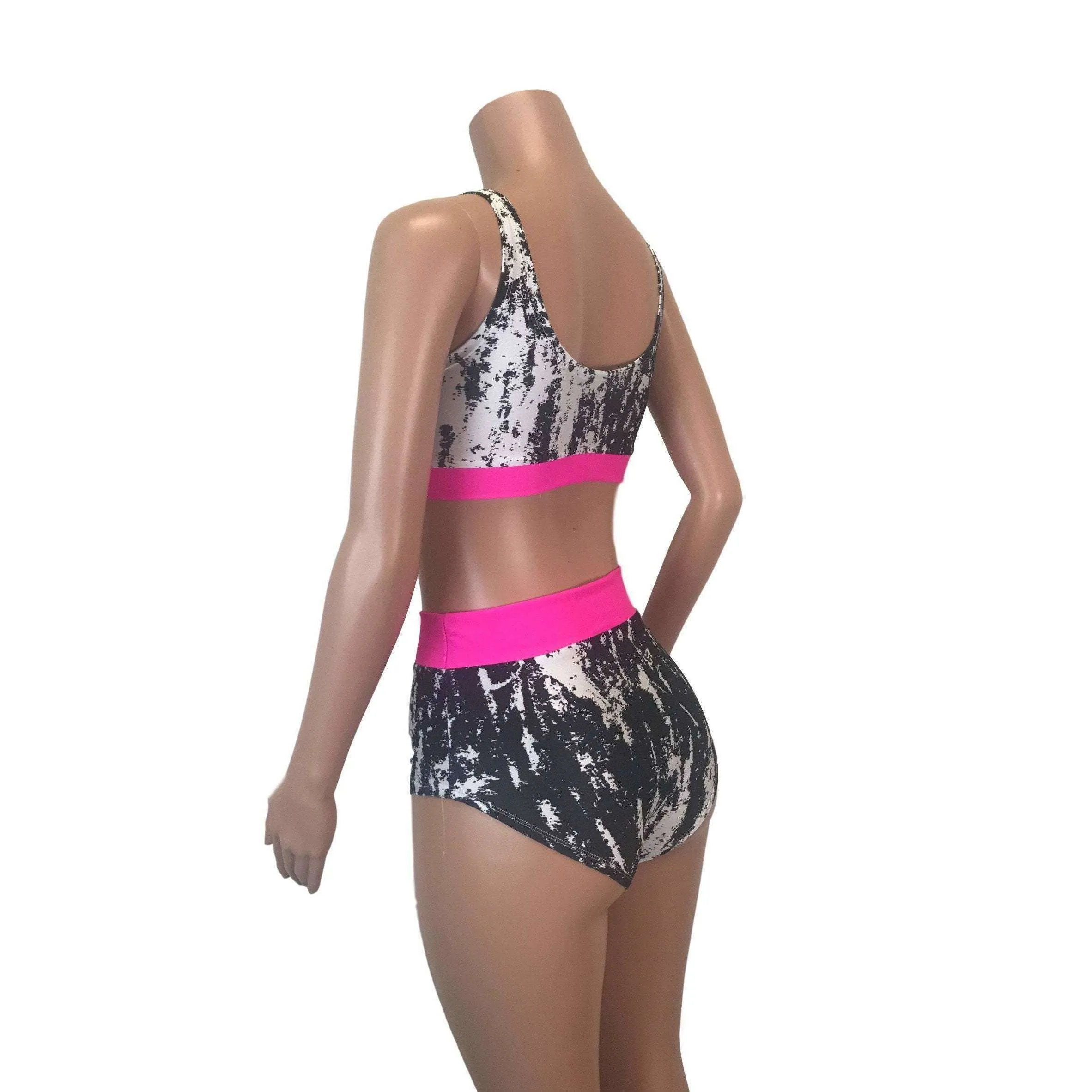 Black, White & Neon Pink High Waist Bikini Outfit