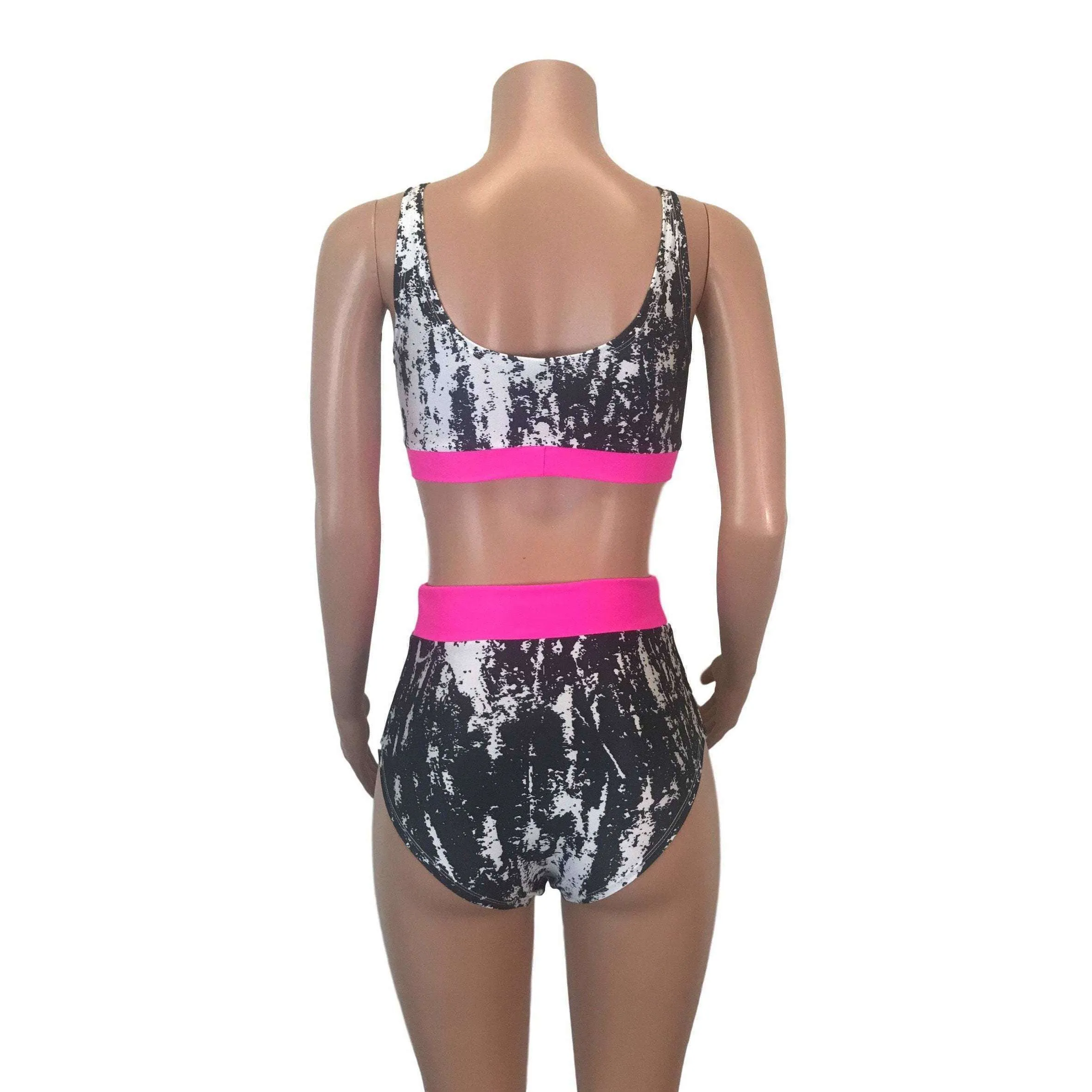 Black, White & Neon Pink High Waist Bikini Outfit