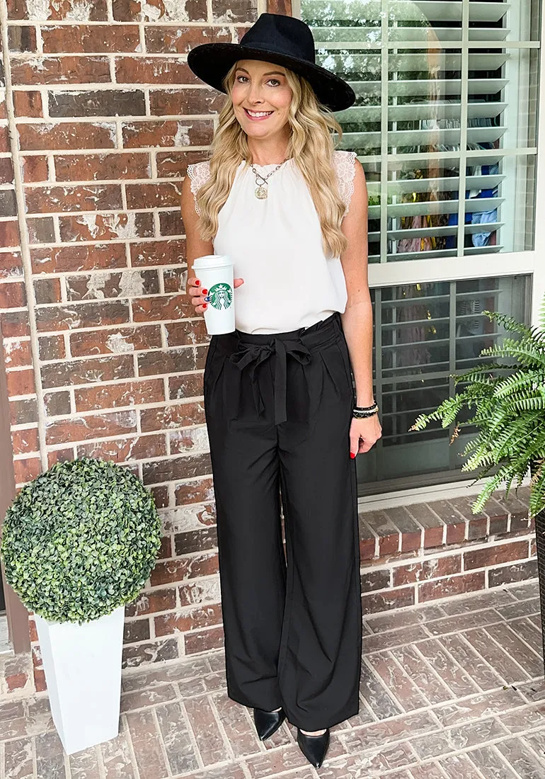 Black Women's Brief Elastic Waist High Waisted Wide Leg Pant with Belt