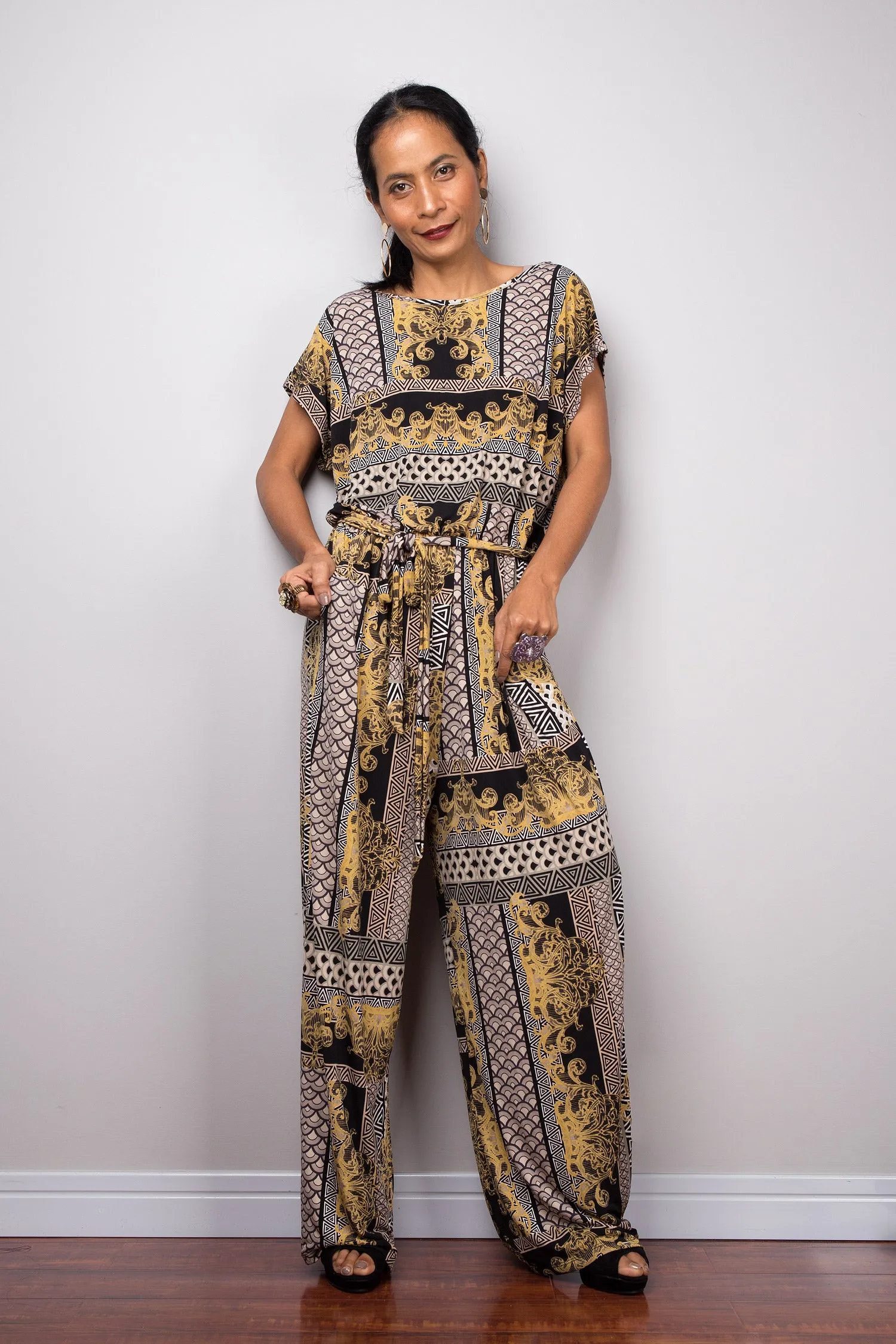 Boho cap sleeve Jumpsuit | One piece jumper pantsuit with pockets and matching sash