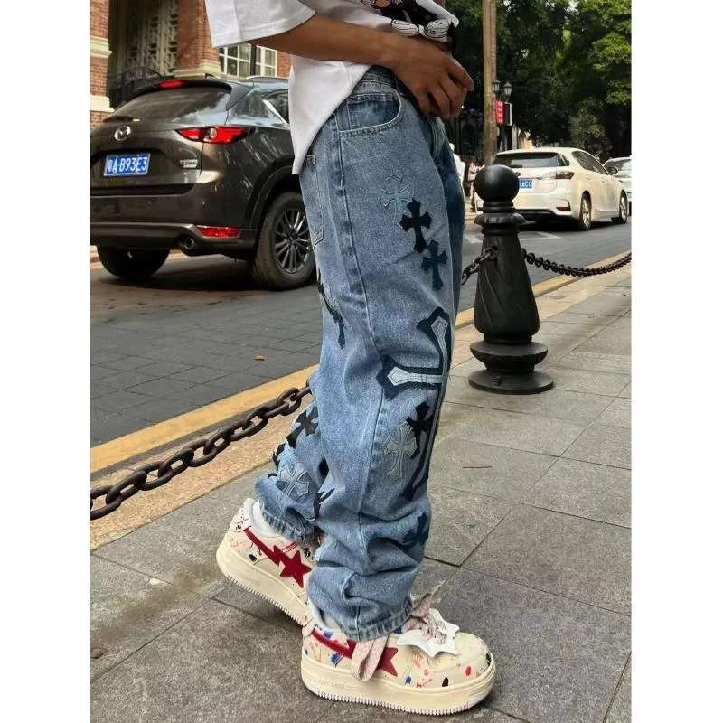 Bonsir 90s streetwear American High Street Original Patch Cross Embroidered Jeans Men's and Women's National Fashion All-Match Slim Slimming Long Pants Fashion