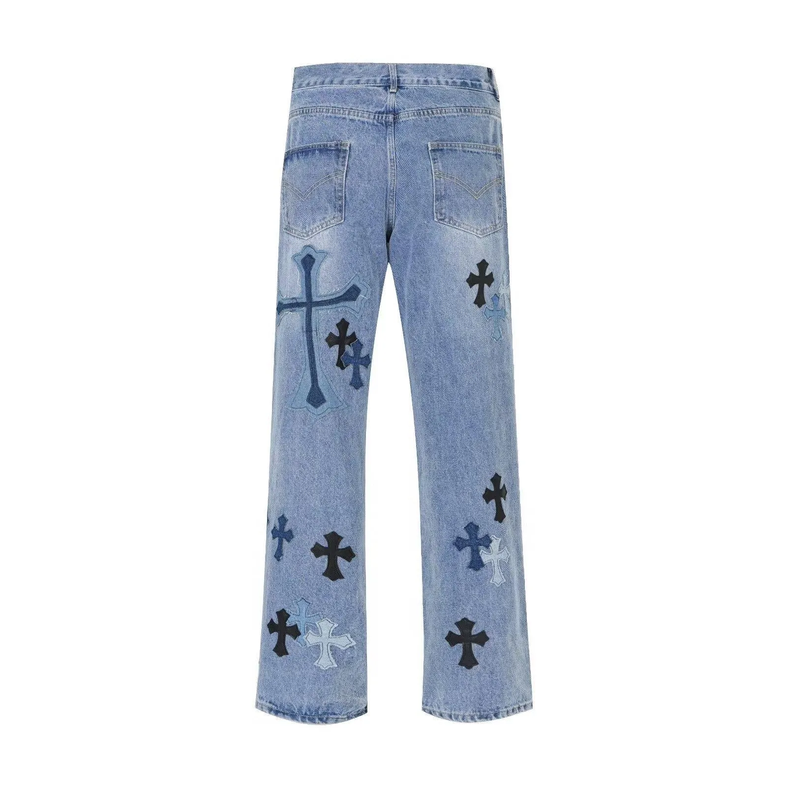 Bonsir 90s streetwear American High Street Original Patch Cross Embroidered Jeans Men's and Women's National Fashion All-Match Slim Slimming Long Pants Fashion