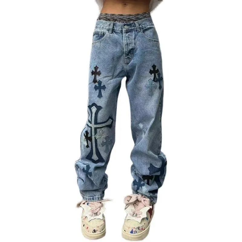 Bonsir 90s streetwear American High Street Original Patch Cross Embroidered Jeans Men's and Women's National Fashion All-Match Slim Slimming Long Pants Fashion