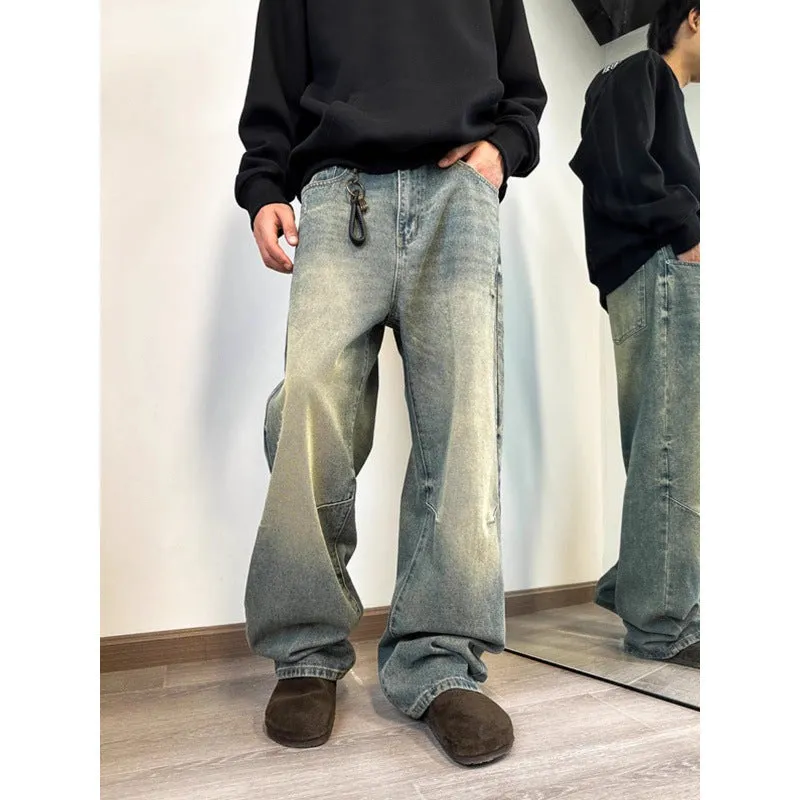 Bonsir 90s streetwear American High Street Vintage Washed Distressed Slimming Jeans Men's Loose Straight Drape Wide Leg Mop Long Pants Fashion