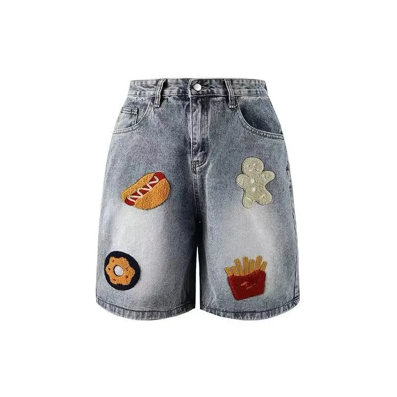 Bonsir 90s streetwear American Retro Creative French Fries Hot Dog Towel Embroidered Denim Shorts Men's and Women's High Street Straight Loose Wide-Leg Shorts