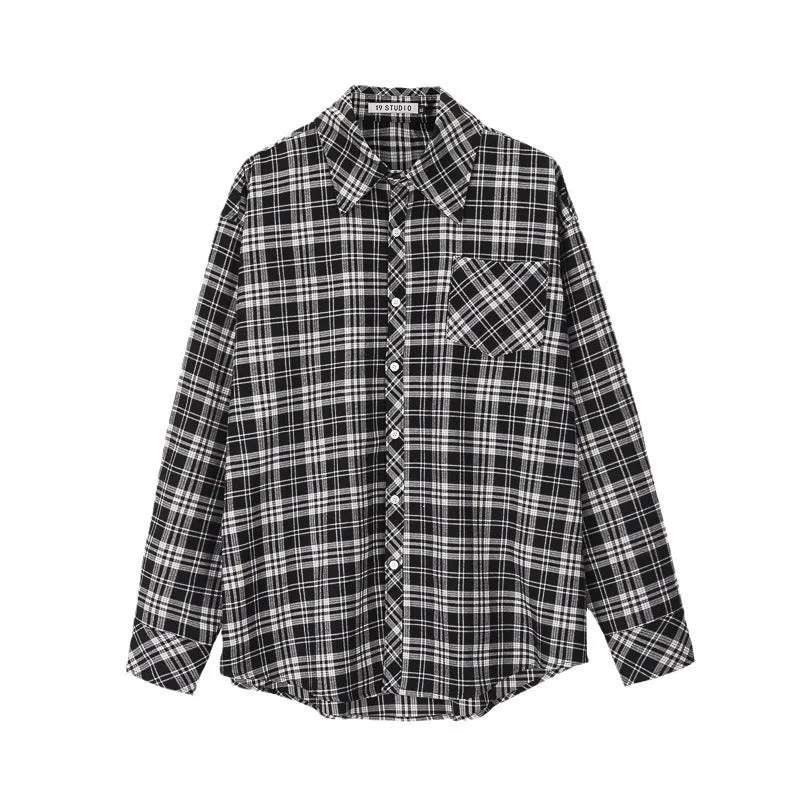 Bonsir 90s streetwear Spring and Autumn Japanese Style Black and White Plaid Long-Sleeved Shirt Men's Niche Retro Hong Kong Style Loose Shirt All-Matching Coat