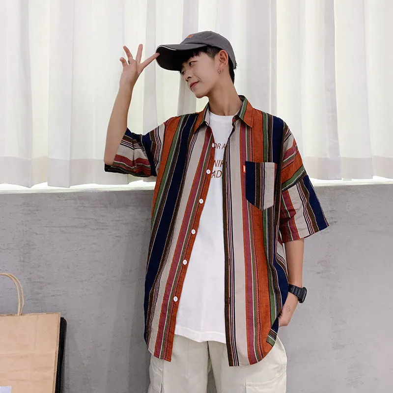 Bonsir 90s streetwear Summer New Men's Casual Short-Sleeved Shirt Trendy Korean Style Contrast Color Striped Loose Shirt