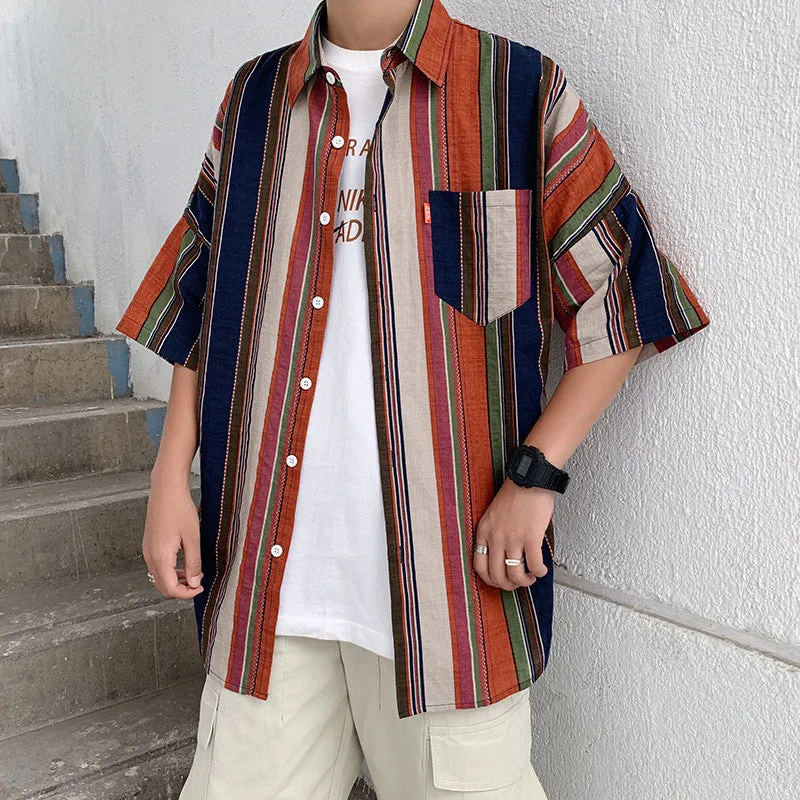 Bonsir 90s streetwear Summer New Men's Casual Short-Sleeved Shirt Trendy Korean Style Contrast Color Striped Loose Shirt