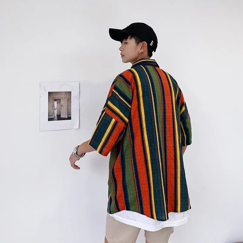 Bonsir 90s streetwear Summer New Men's Casual Short-Sleeved Shirt Trendy Korean Style Contrast Color Striped Loose Shirt