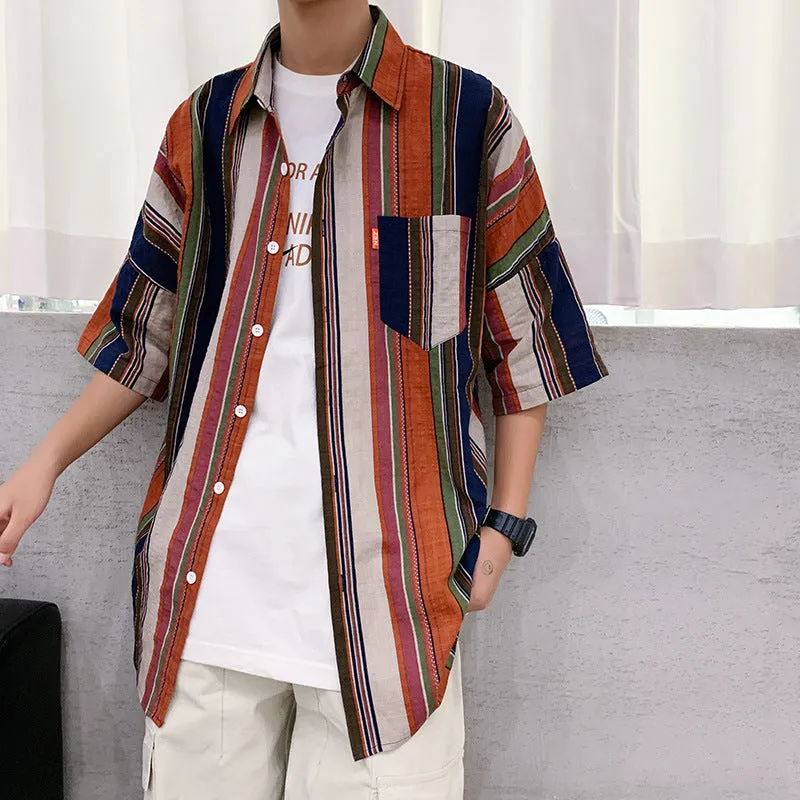 Bonsir 90s streetwear Summer New Men's Casual Short-Sleeved Shirt Trendy Korean Style Contrast Color Striped Loose Shirt