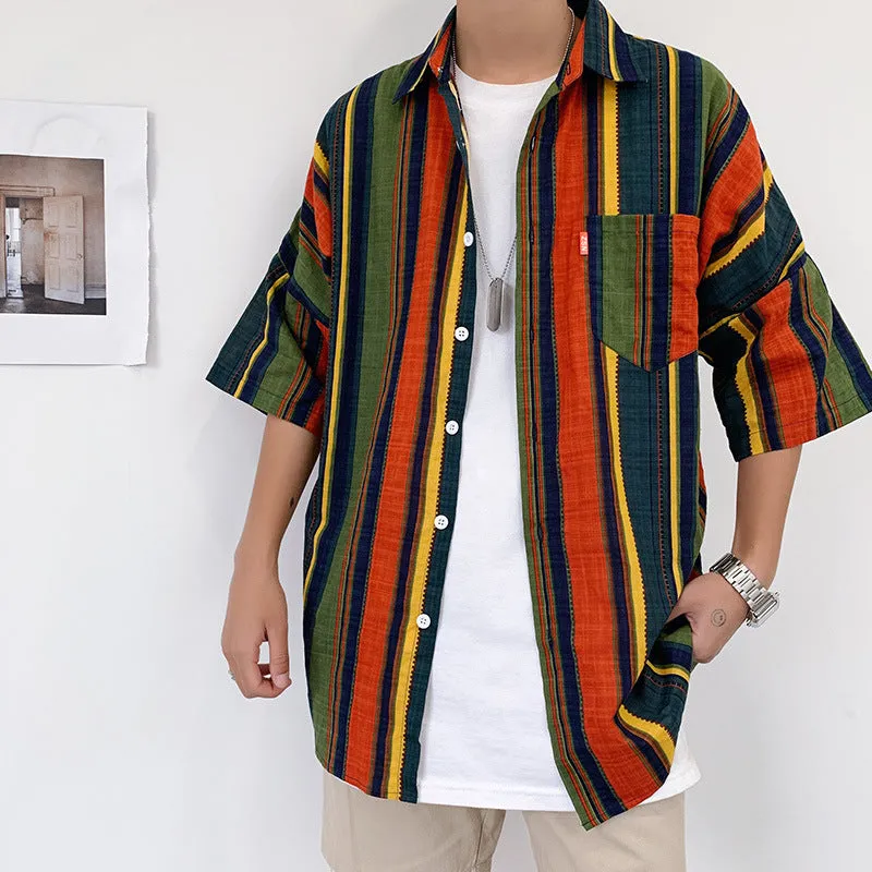 Bonsir 90s streetwear Summer New Men's Casual Short-Sleeved Shirt Trendy Korean Style Contrast Color Striped Loose Shirt