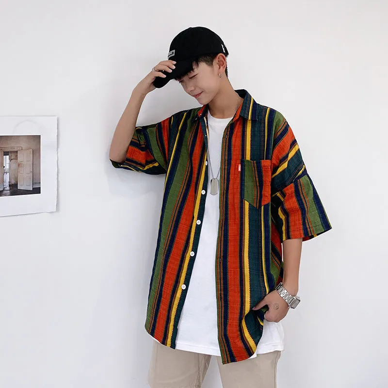 Bonsir 90s streetwear Summer New Men's Casual Short-Sleeved Shirt Trendy Korean Style Contrast Color Striped Loose Shirt