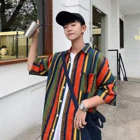 Bonsir 90s streetwear Summer New Men's Casual Short-Sleeved Shirt Trendy Korean Style Contrast Color Striped Loose Shirt