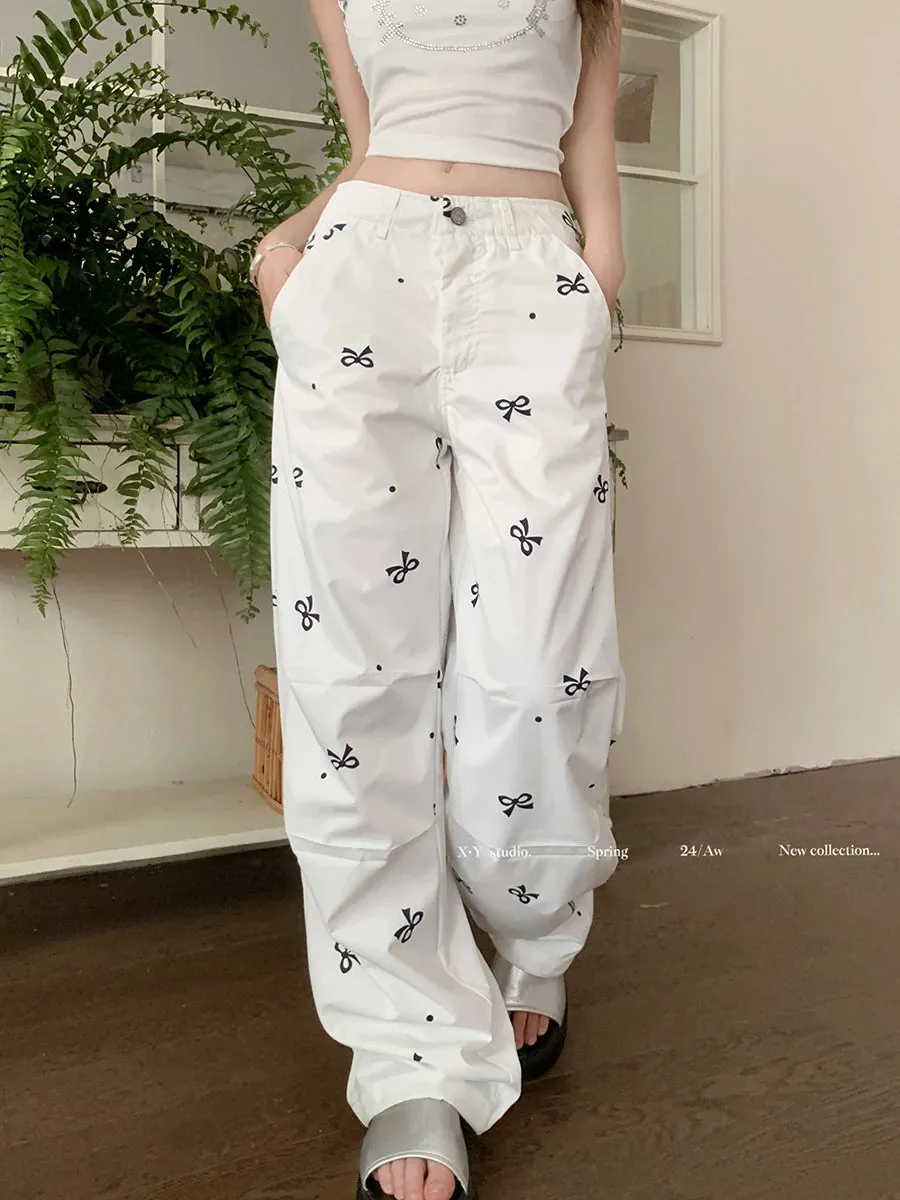 Bow Polka Dot Printed Korean Fashion Y2k Streetwear Loose Straight Wide Leg Pants