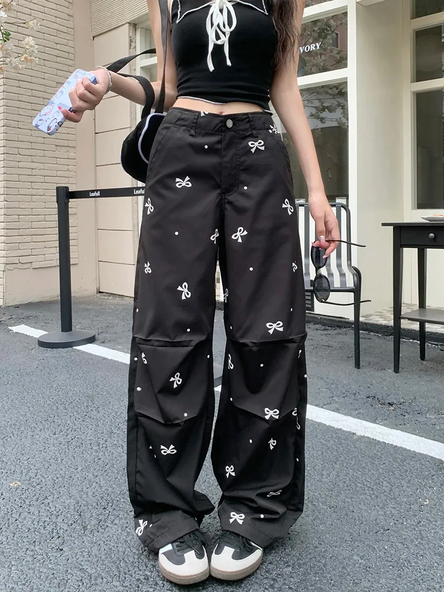 Bow Polka Dot Printed Korean Fashion Y2k Streetwear Loose Straight Wide Leg Pants