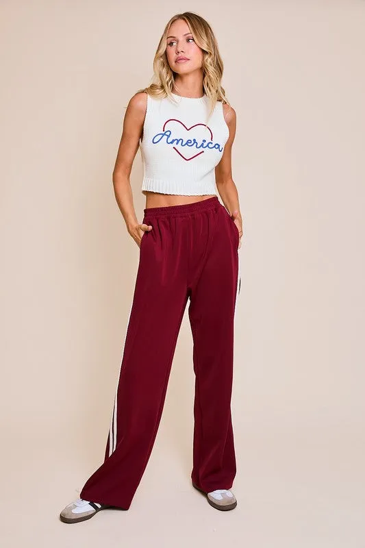 Brixton High Waist Stripe Print Track Pants Burgundy