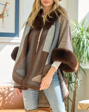 Brown Taupe & Grey Vertical Stripe Faux Fur Trim Cape Poncho