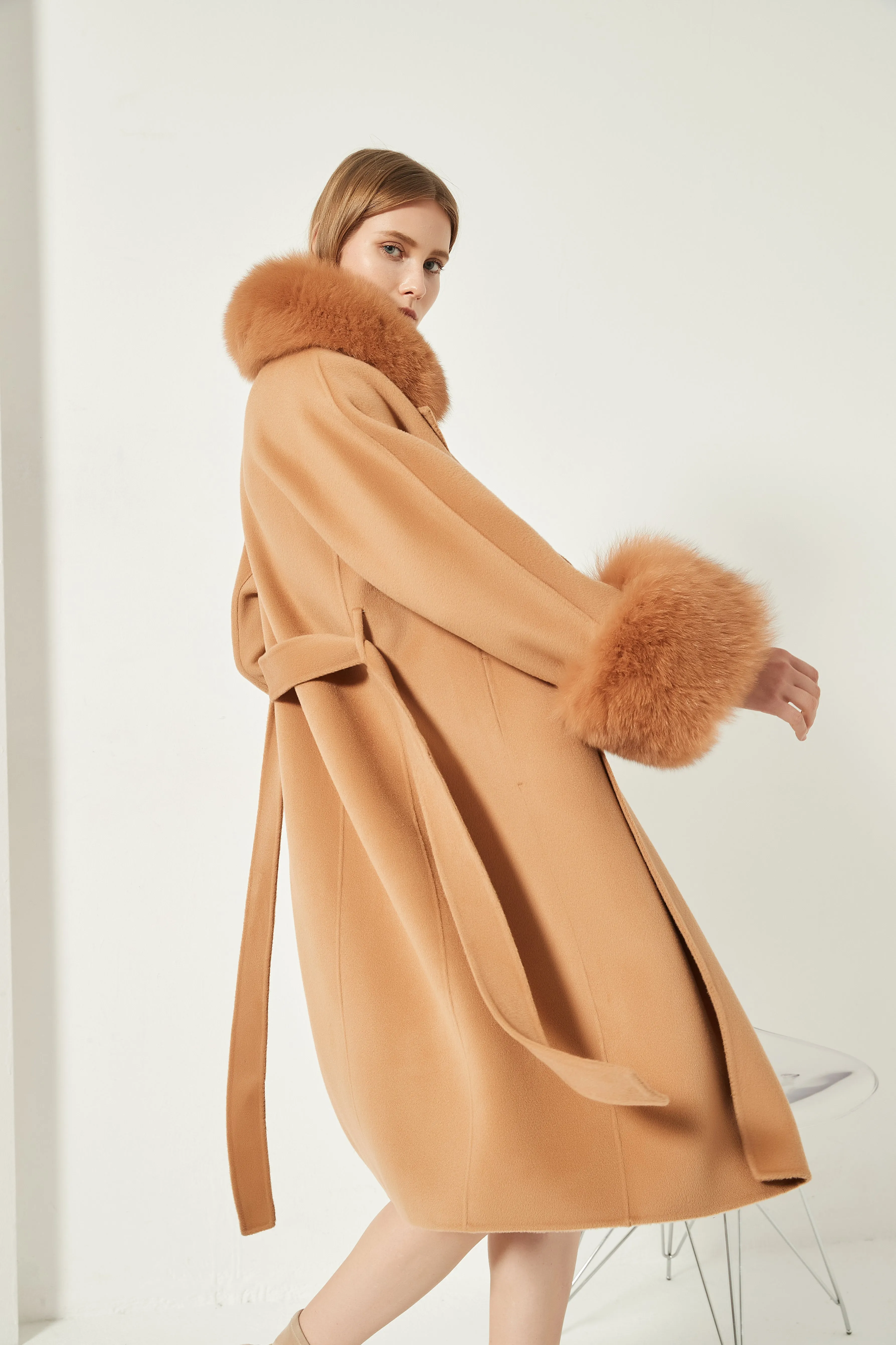 Cashmere Coat with Detachable Fur Collar and Cuffs - Camel