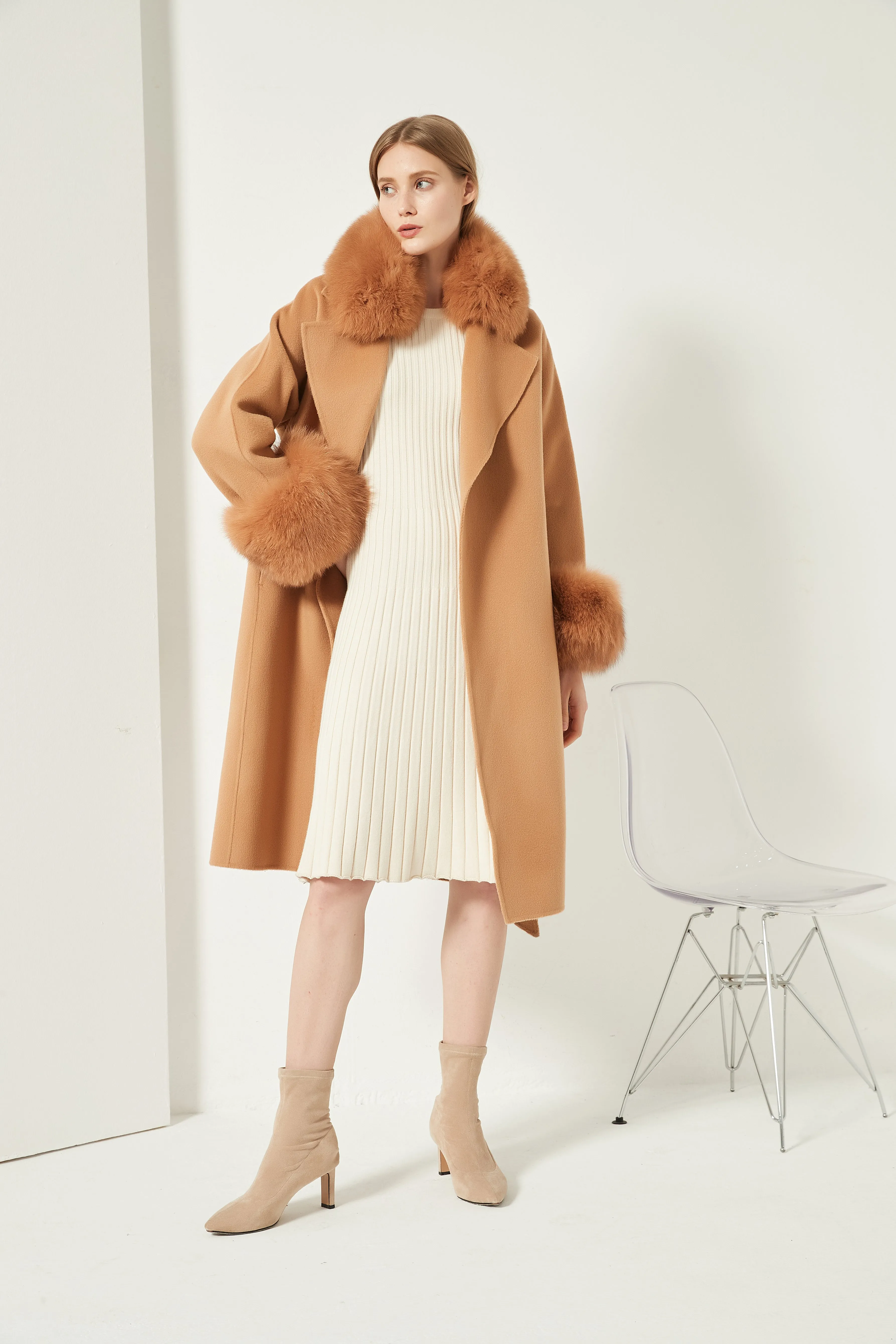 Cashmere Coat with Detachable Fur Collar and Cuffs - Camel