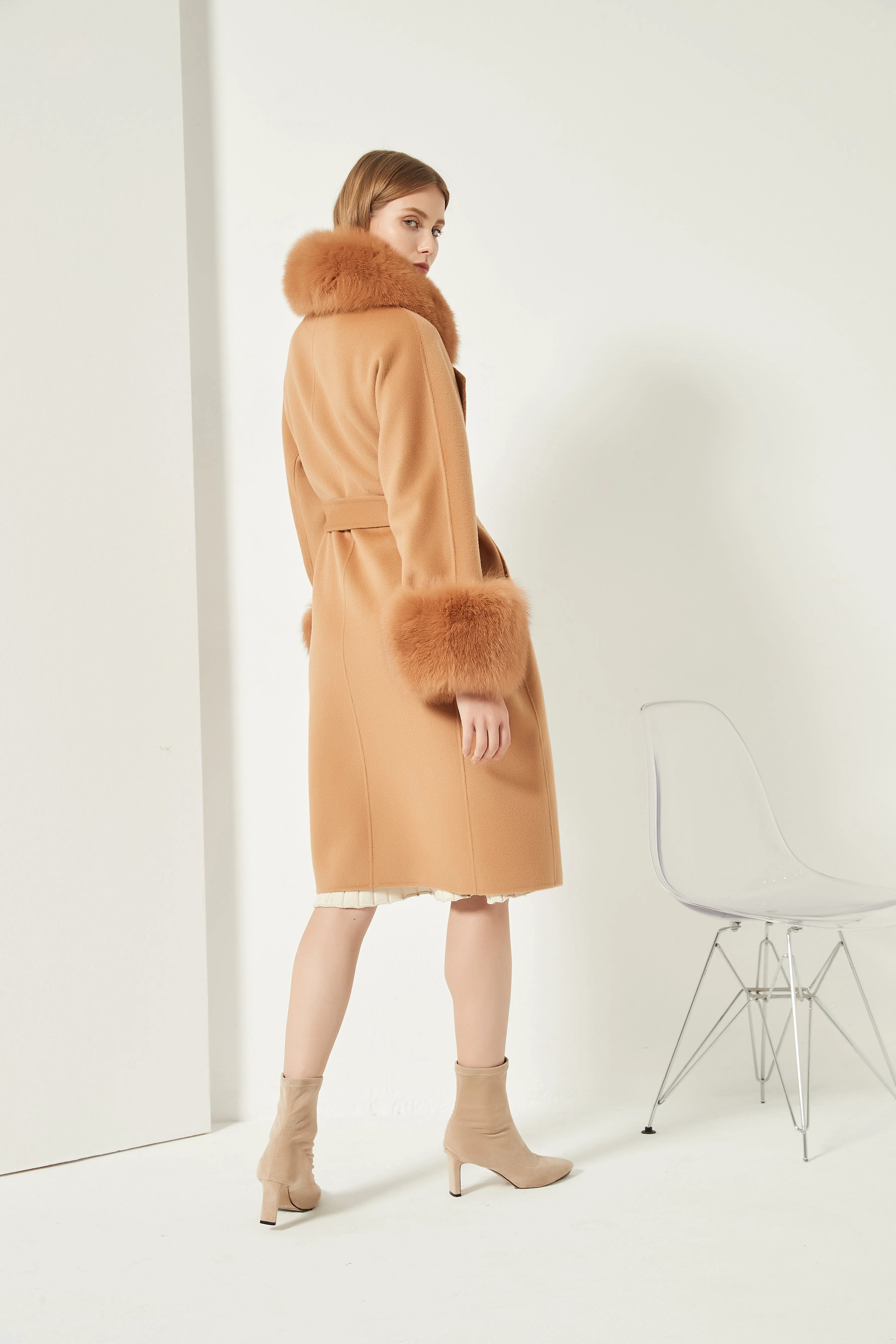 Cashmere Coat with Detachable Fur Collar and Cuffs - Camel